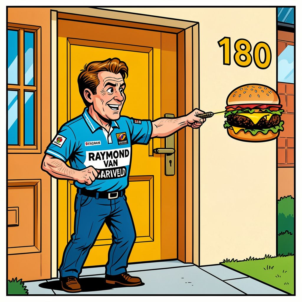 Dartslegende Raymond van Barneveld bezorgt nu hamburgers met zijn bekende werptechniek.