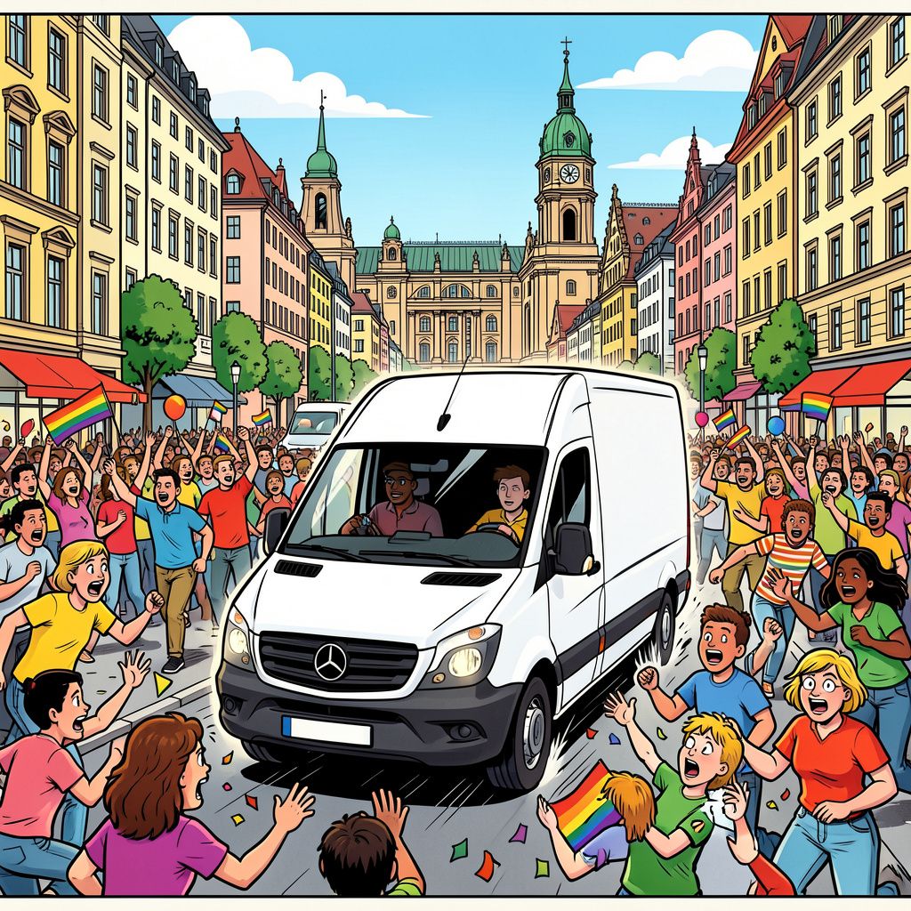 Een witte bestelbus rijdt in op feestgangers tijdens de Pride in Berlijn.