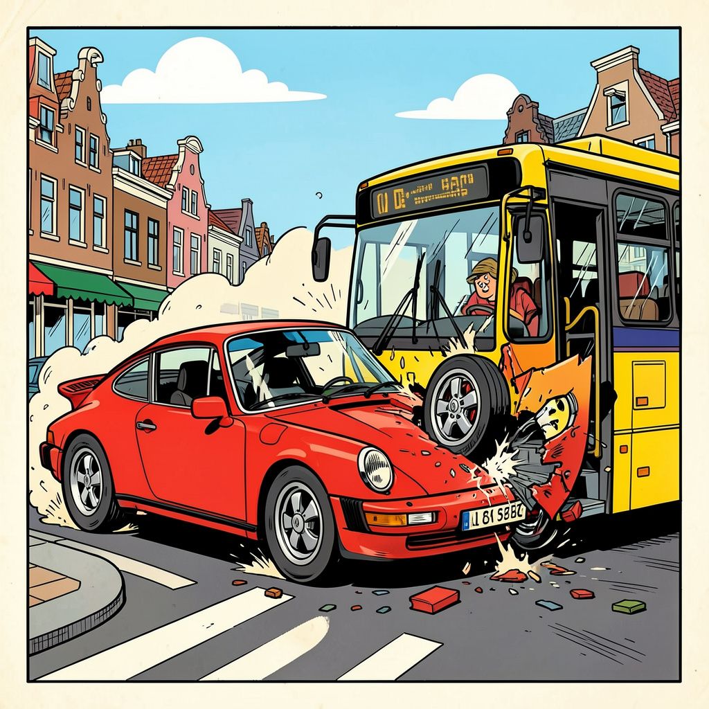 Porsche 911 verliest wiel bij crash tegen geparkeerde bus in Den Haag