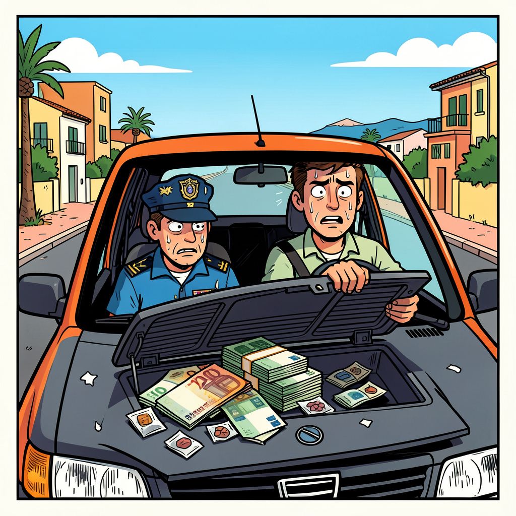 Een nerveuze Nederlandse toerist valt door de mand op Ibiza met een dashboard vol drugs.