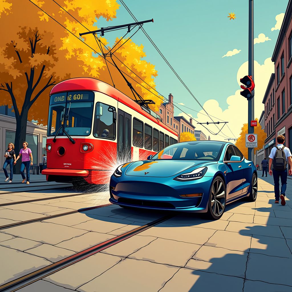 Een Tesla raakte vanochtend een tram zo hard dat het hele voertuig ontspoorde