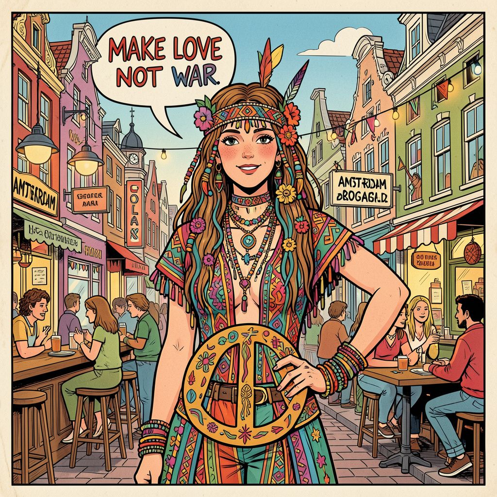 Amsterdamse kroeg zet prinses Beatrix neer als vredeshippie op 15 meter hoge gevel