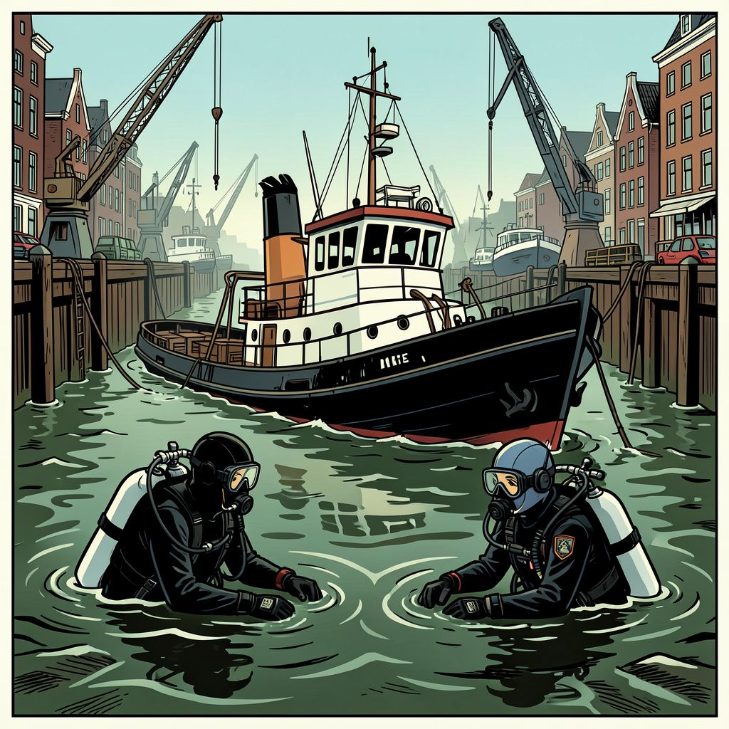 Duikers vinden een lichaam na het mysterieuze en snelle zinken van een duwboot in de Amsterdamse haven.