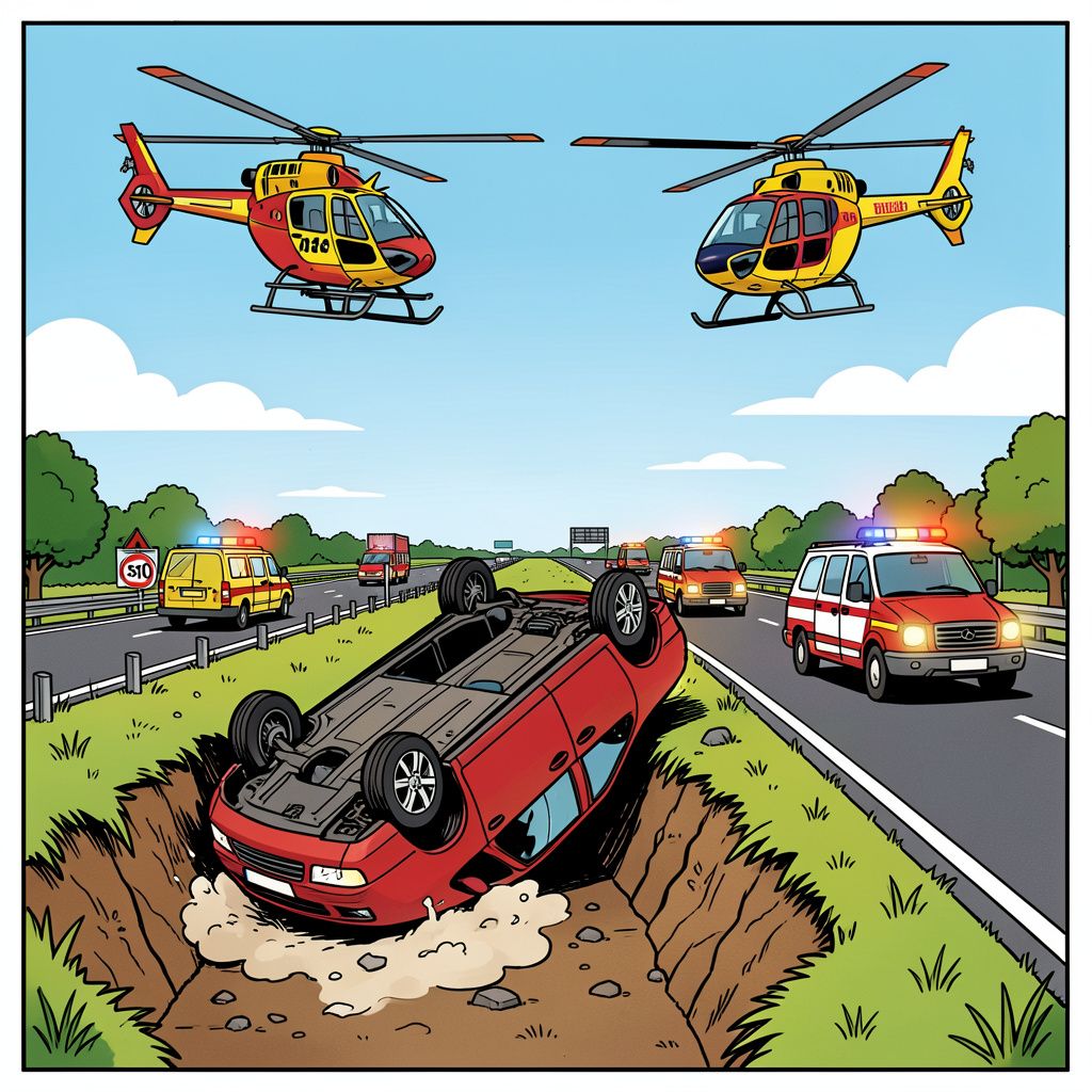 Een auto belandt op de kop in de sloot na een ernstig ongeluk op de snelweg A50.