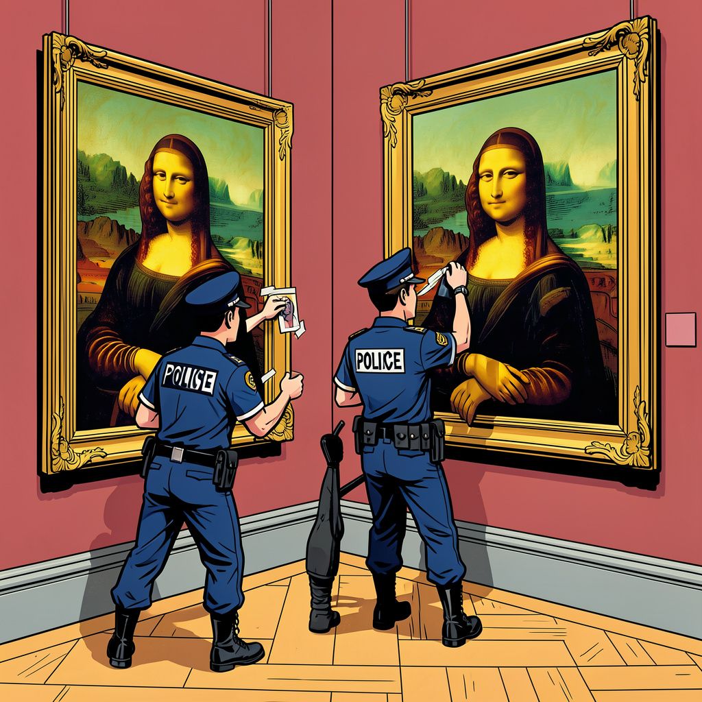 Twee Duitse grappenmakers plakken hun eigen portretten met plakband naast de Mona Lisa.