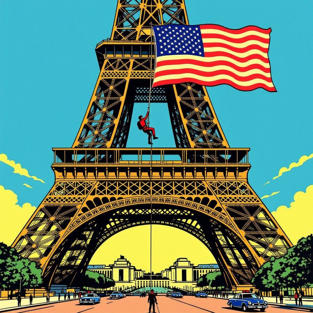 Een man klom gisteren illegaal naar 276 meter hoogte op de Eiffeltoren voor een Amerikaanse vlag.