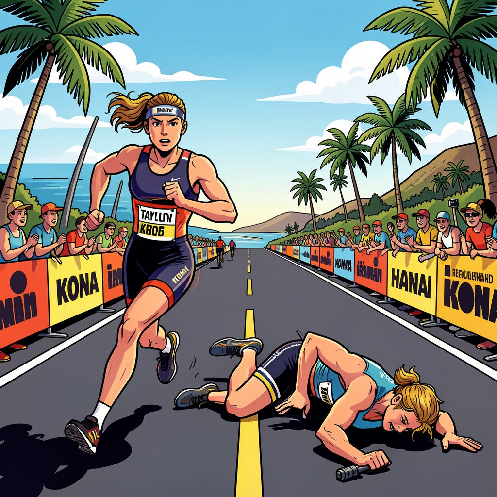Taylor Knibb pakt op de allerlaatste kilometer de wereldtitel ironman na een bizarre ontknoping.