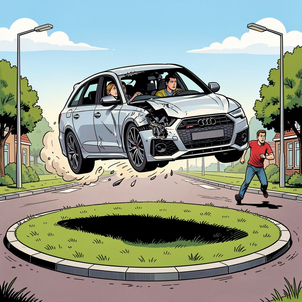 Een peperdure Audi RS6 lanceert zichzelf over een Brabantse rotonde en de bestuurder kiest direct het hazenpad.