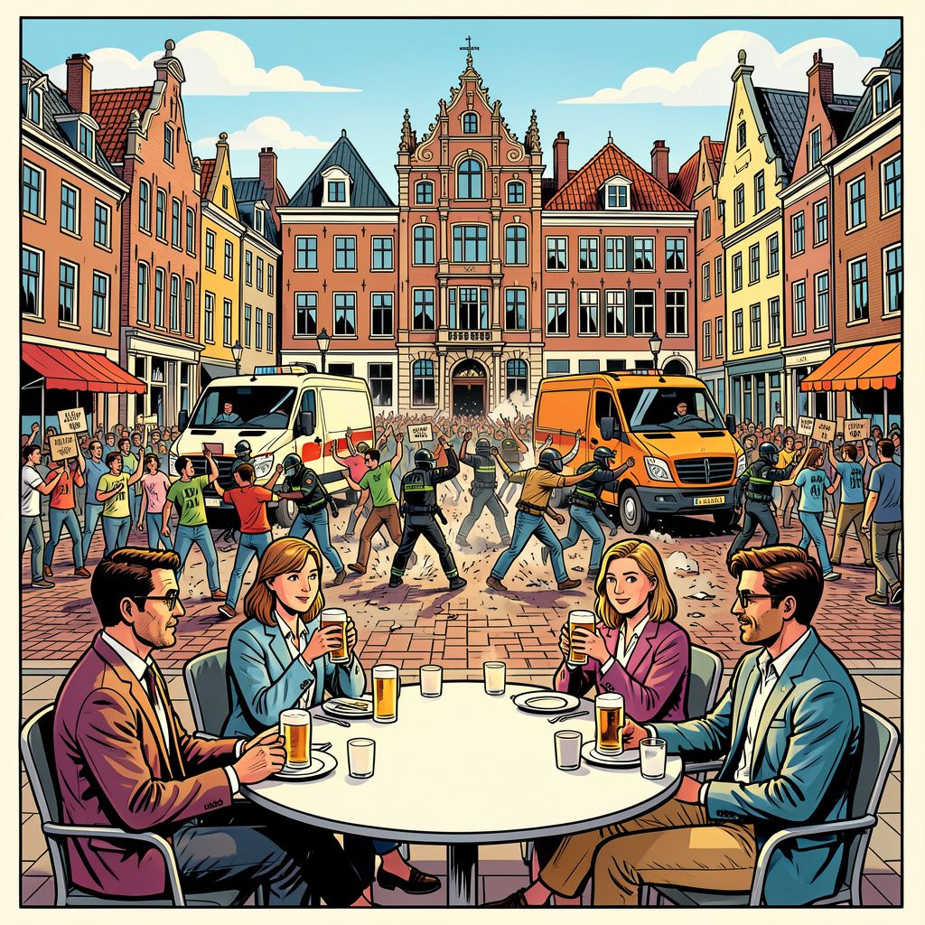 Terrasgangers kijken rustig toe terwijl tweehonderd demonstranten over een azc botsen op de Markt in Delft.
