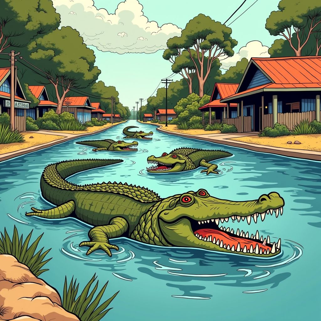 Krokodillen zwemmen door de straten van Australische steden na zware overstromingen