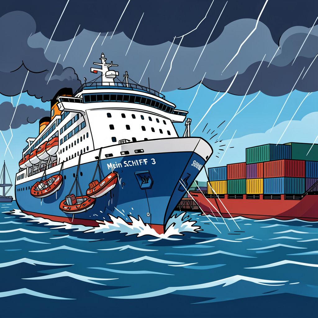 Een Duits cruiseschip ramt een containerschip tijdens noodweer in Bremerhaven.