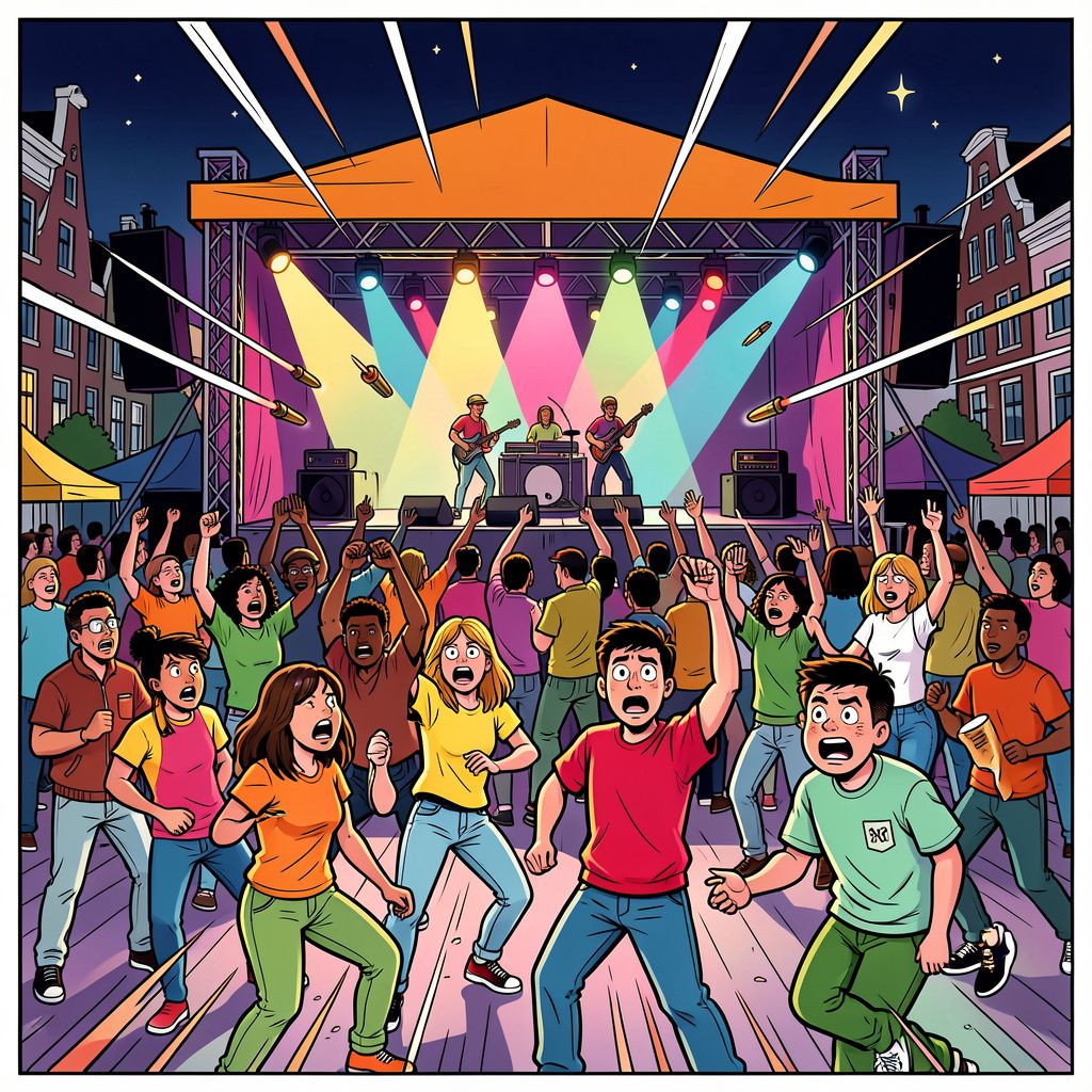 Kogels vliegen over de dansvloer tijdens Amsterdams hiphopfestival.