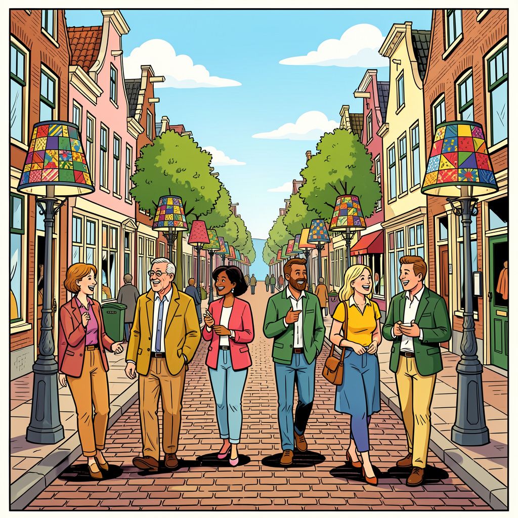 In de Utrechtse Tulpstraat dragen de lantaarnpalen gezellige lampenkappen van hergebruikte stoffen.