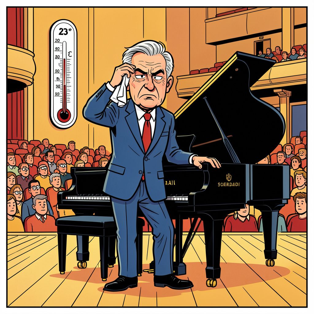 Pianist Wibi Soerjadi staakt zijn concert in Tilburg wegens een te warme zaal.