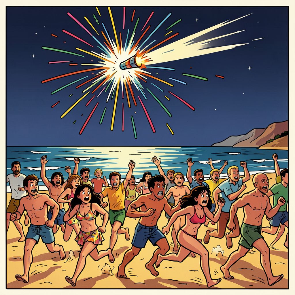 Een verdwaalde vuurwerkpijl verandert Spaans strandfeest in een drama.