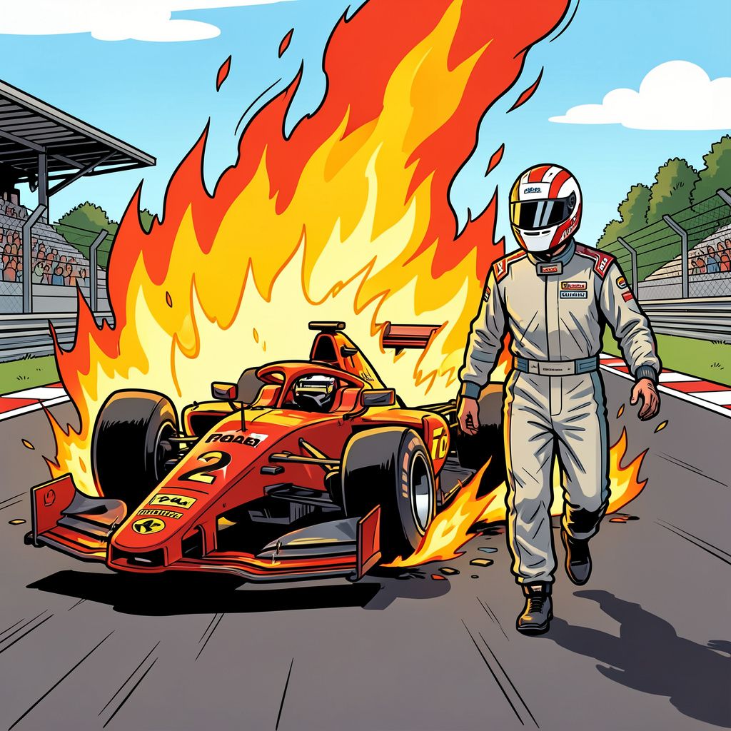 De Nederlandse coureur Laurens van Hoepen ontsnapt ongedeerd aan een brandende bolide na een zware crash op Spa-Francorchamps.
