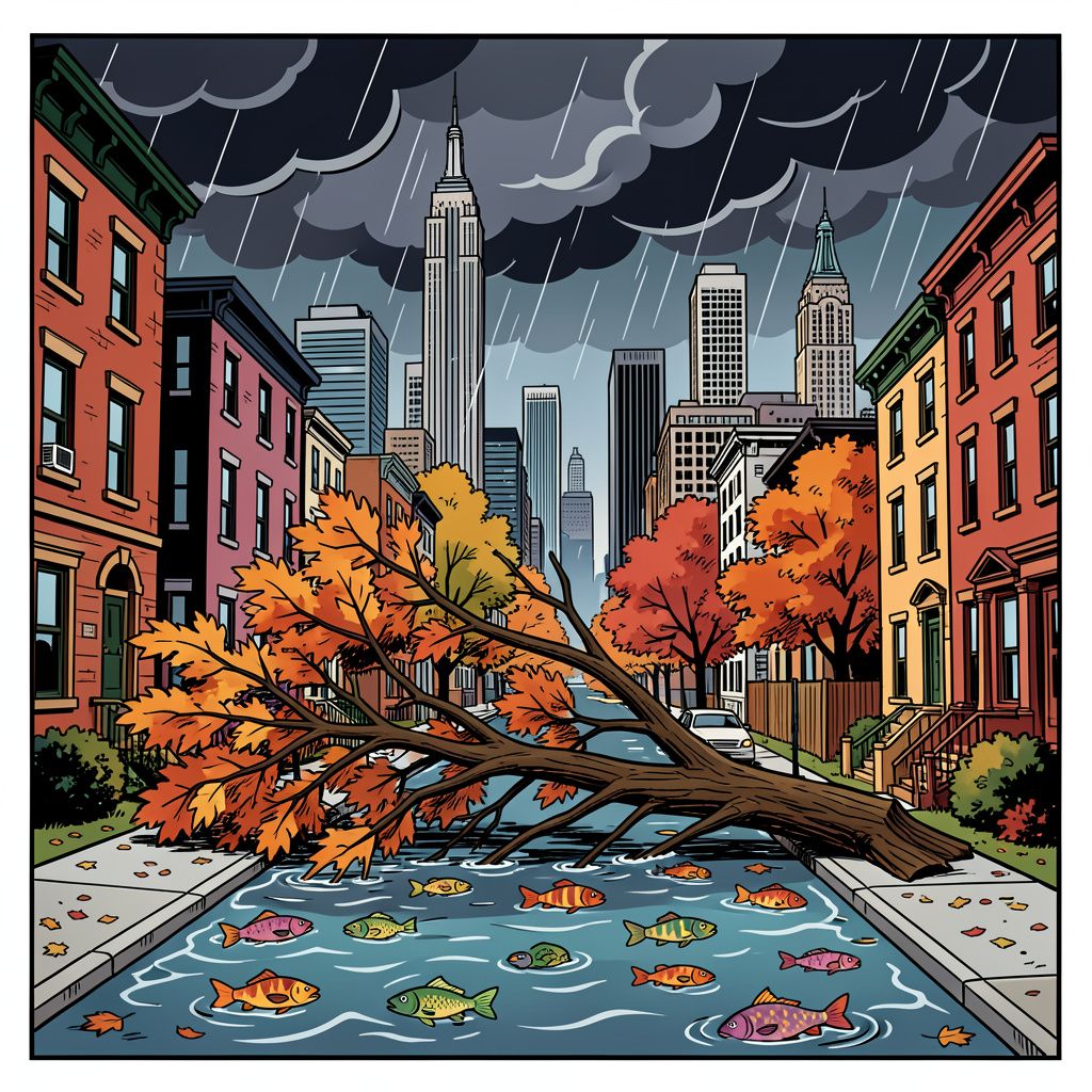 Een zware herfststorm raast over New York en eist een eerste dodelijk slachtoffer.