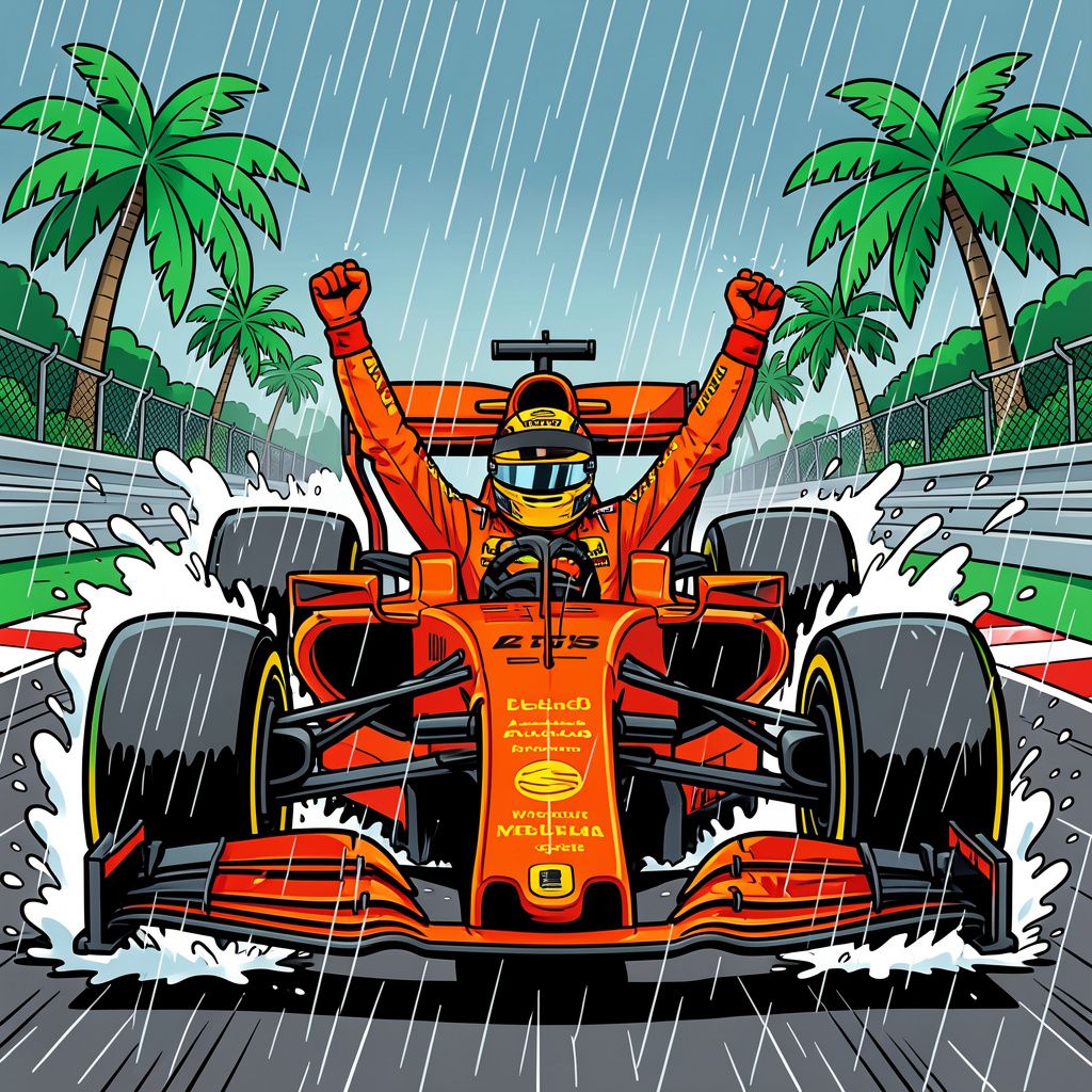 Max Verstappen trotseert de tropische storm en wint chaotische race in Maleisië.
