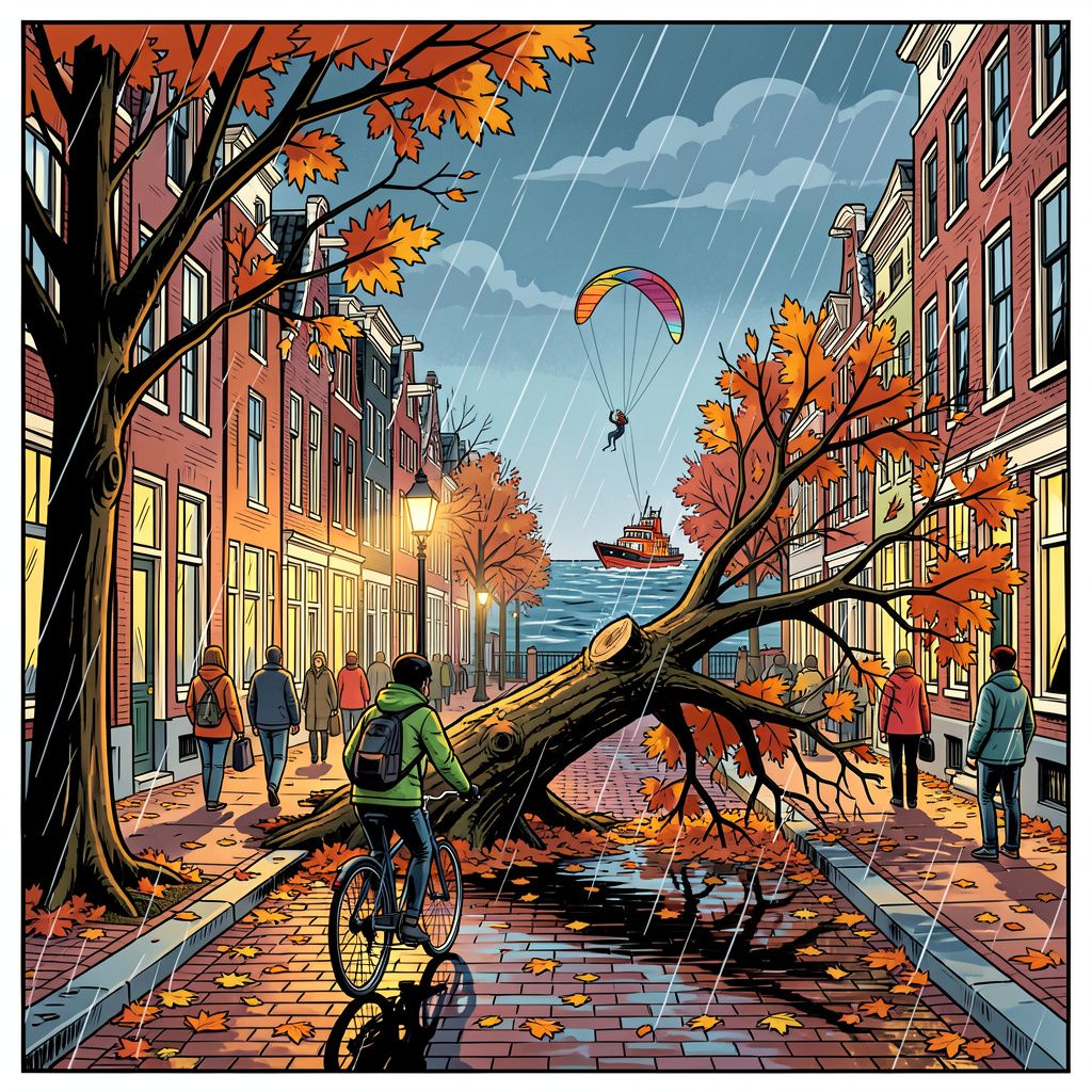 Storm Boelo eist het leven van een fietser in Amsterdam en houdt het land in zijn greep.