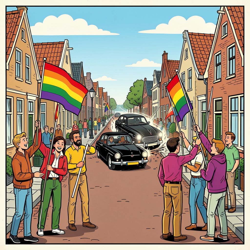 Inwoners van Oldebroek hangen honderden regenboogvlaggen op en vandalen trekken ze met auto's omver.