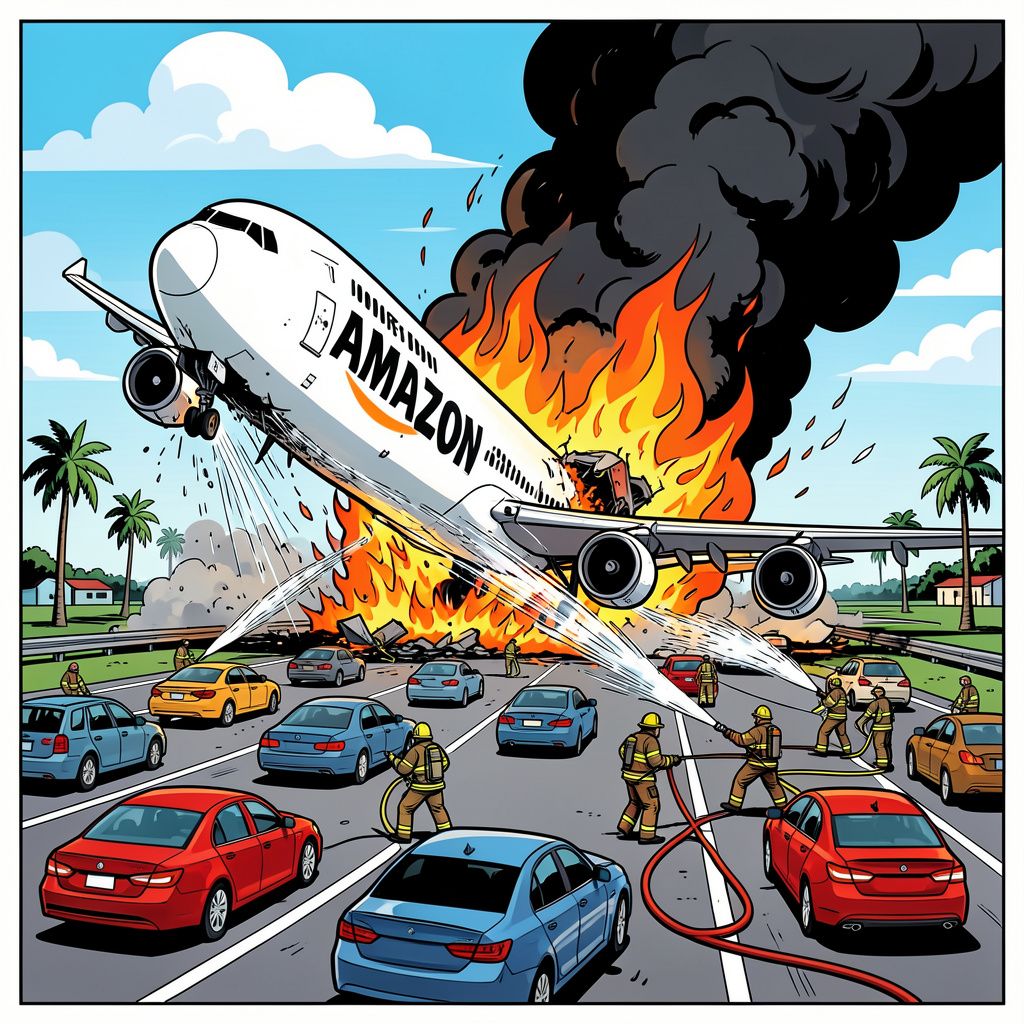 Een vrachtvliegtuig van Amazon schiet van de landingsbaan en ramt auto's op de weg in Miami.