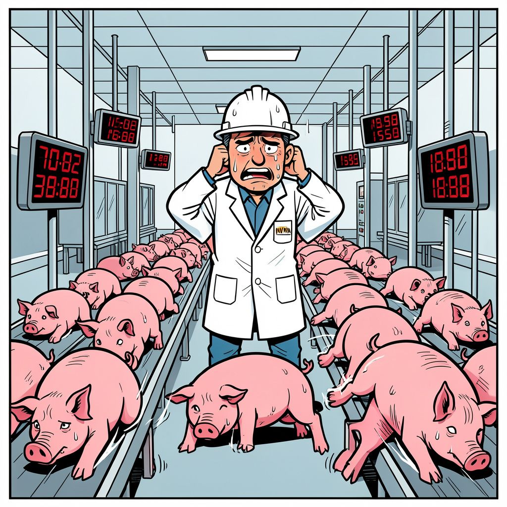 Slachthuisinspecteurs bezwijken onder een moordend tempo van zeshonderd varkens per uur.