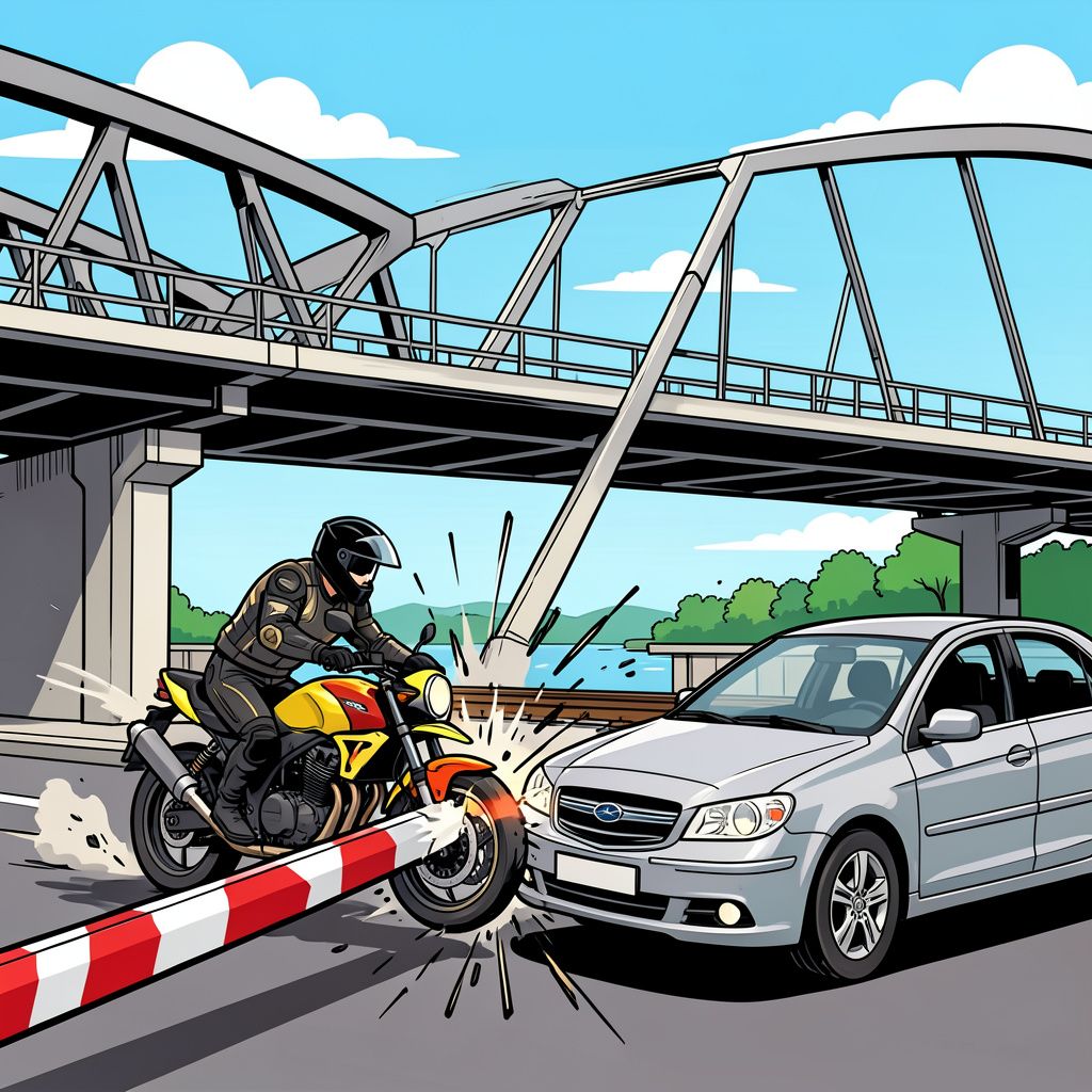 Twee motorrijders klappen op slagboom en wachtende auto bij geopende Maximabrug.