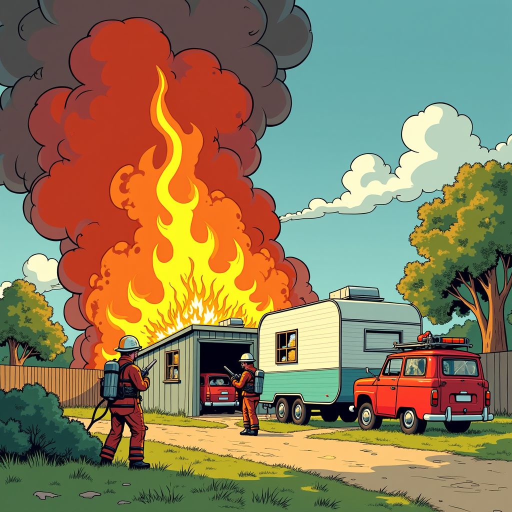 Vuurzee verwoest caravan-loods terwijl brandweer vecht tegen overslag naar woonhuis