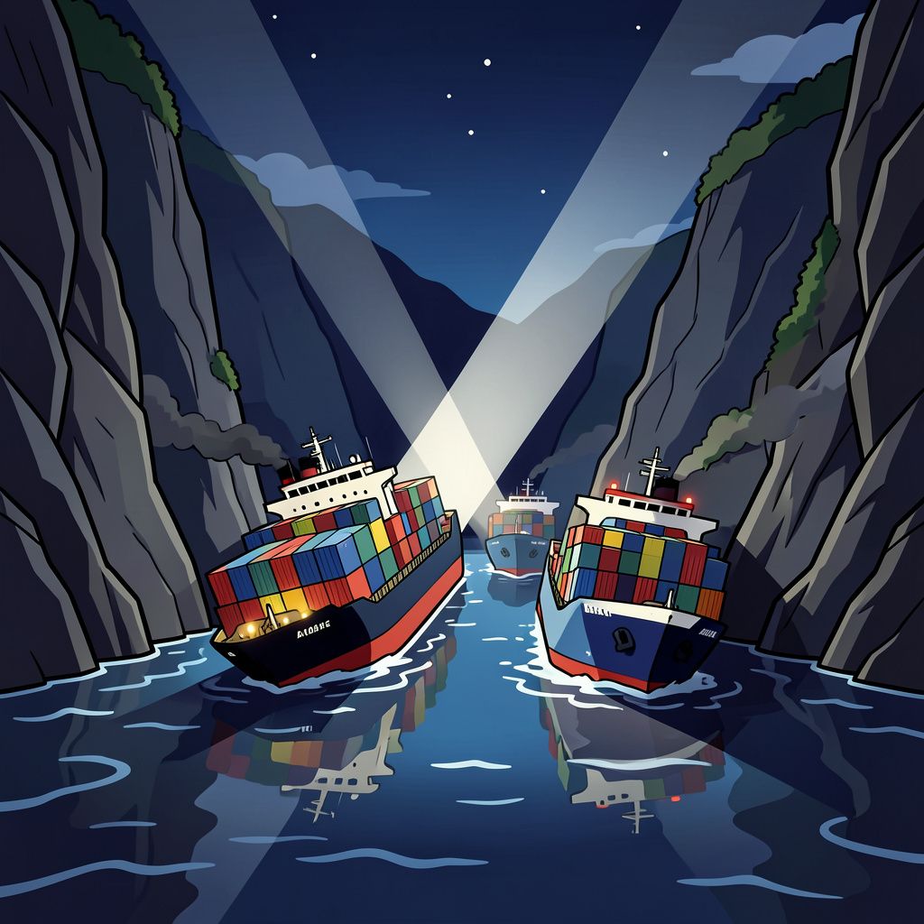 Drie scheepsreuzen botsen in de nacht op elkaar in een nauw Noors fjord.