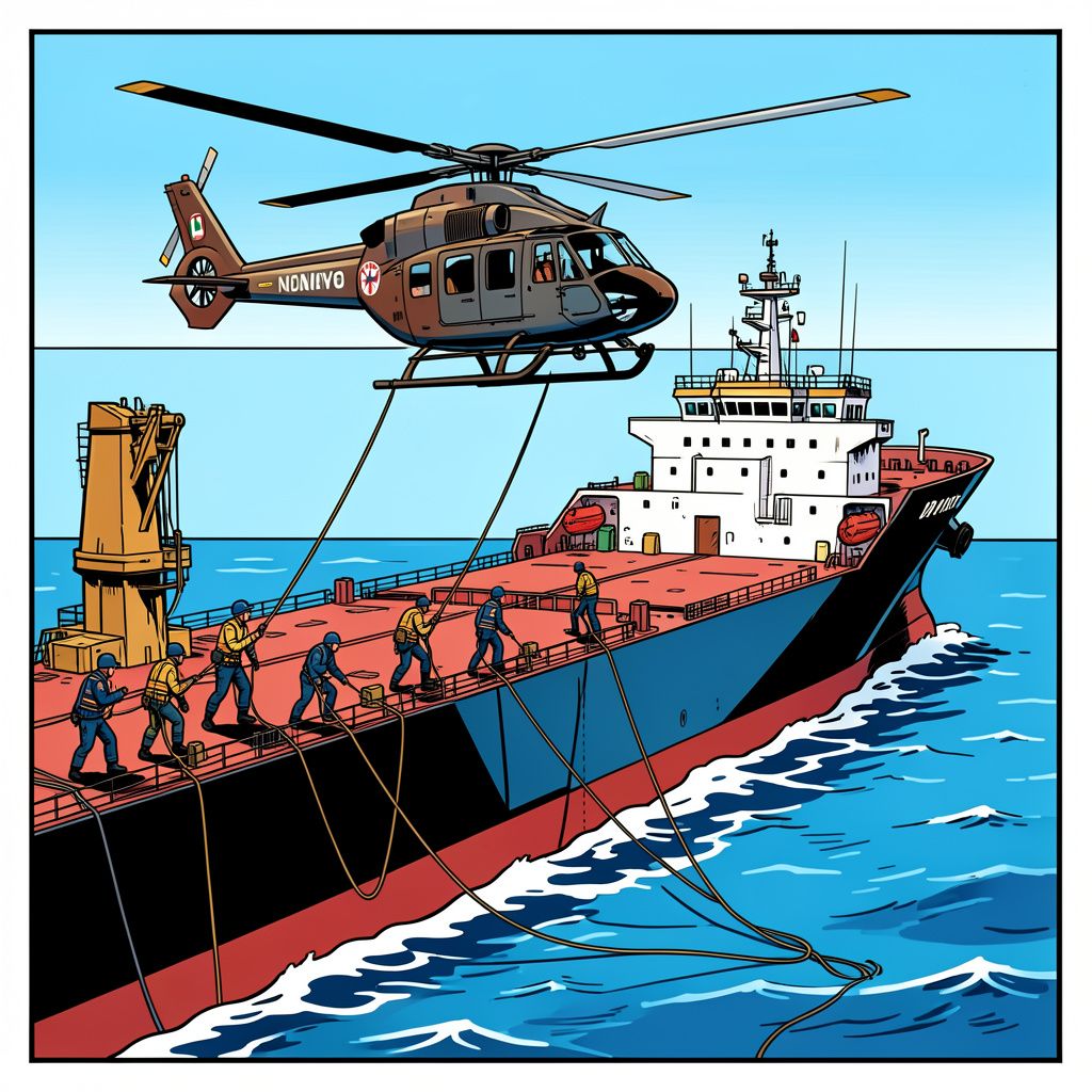 De Italiaanse marine entert een weigerachtige Russische olietanker met een helikopter in de Middellandse Zee.