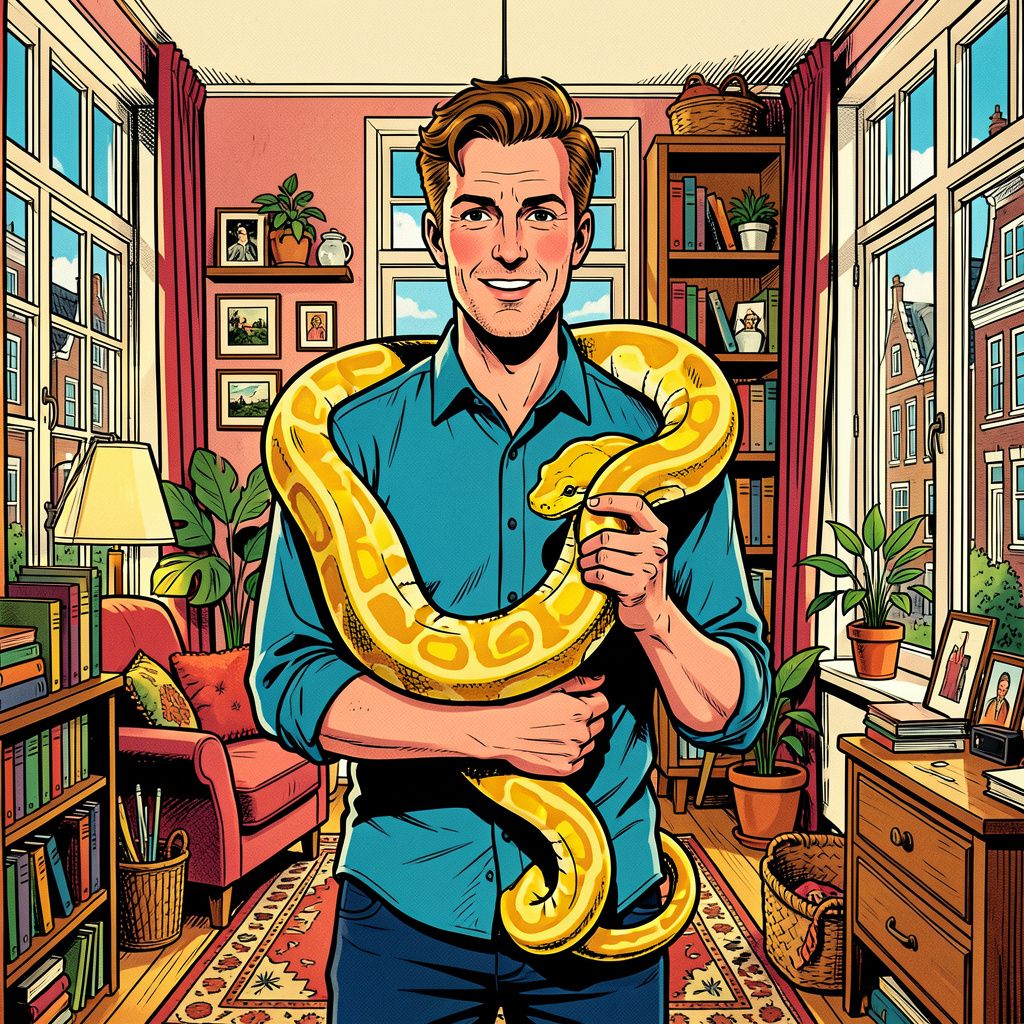 Floris Göbel deelt zijn Amsterdamse woning met een bijzondere, gele huisgenoot.