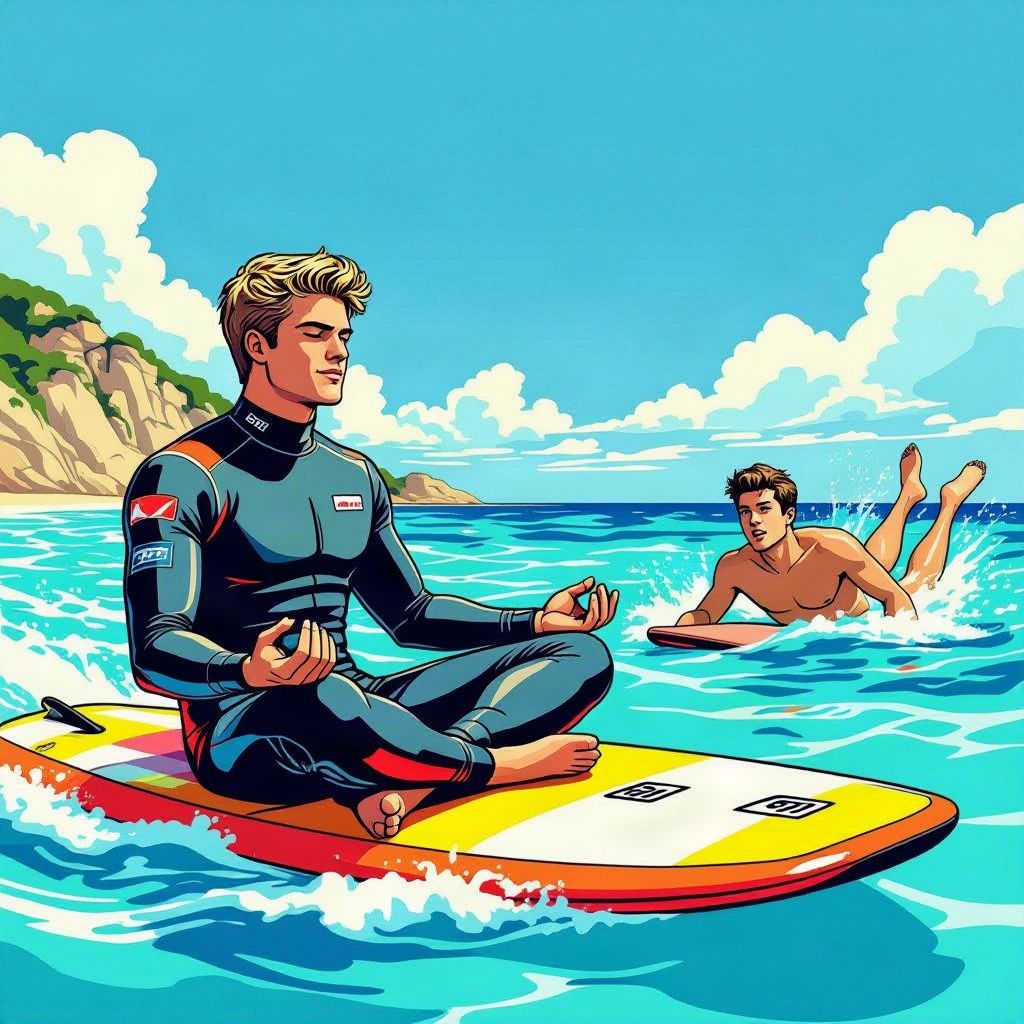 Max Verstappen raast als een mediterende boeddha op een surfboard langs zijn verbaasde collega.