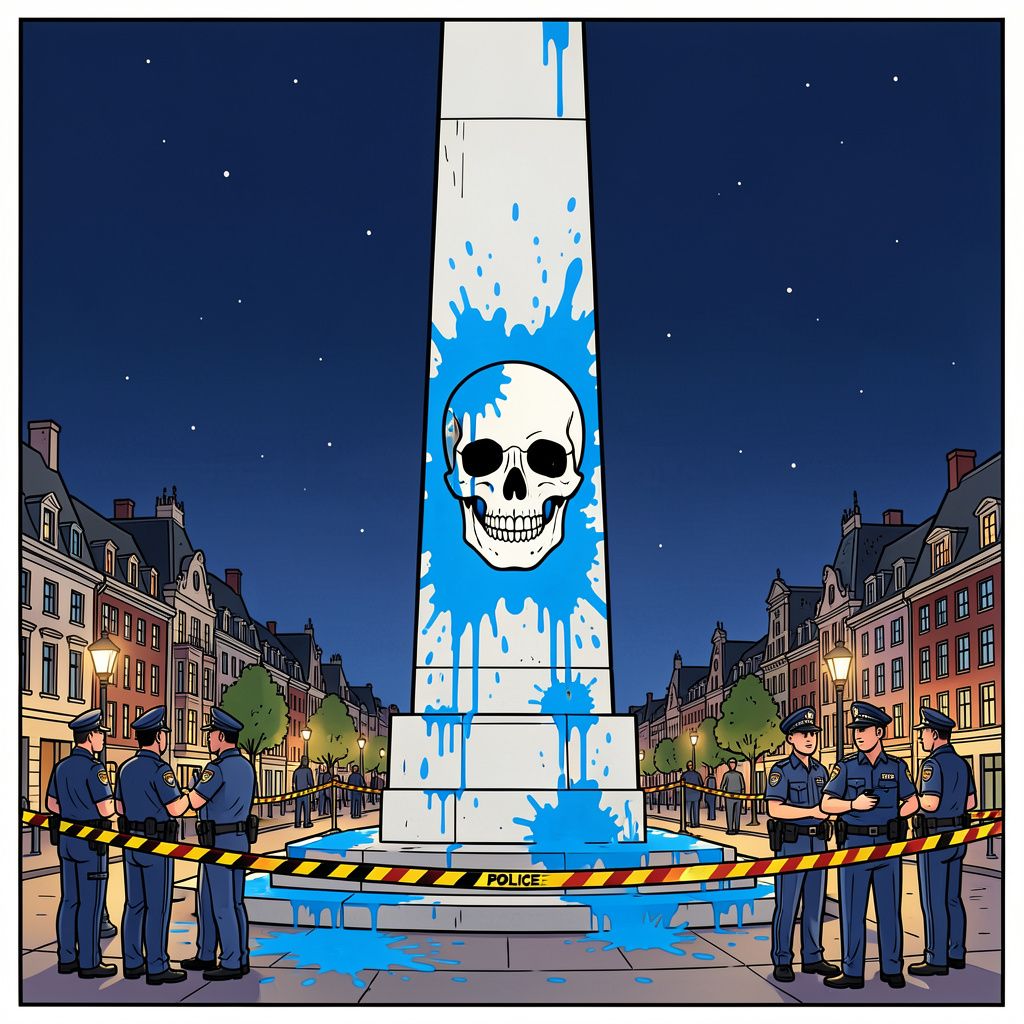 Het Nationaal Monument op de Dam is vannacht alweer beklad, dit keer met blauwe verf en een doodskop.