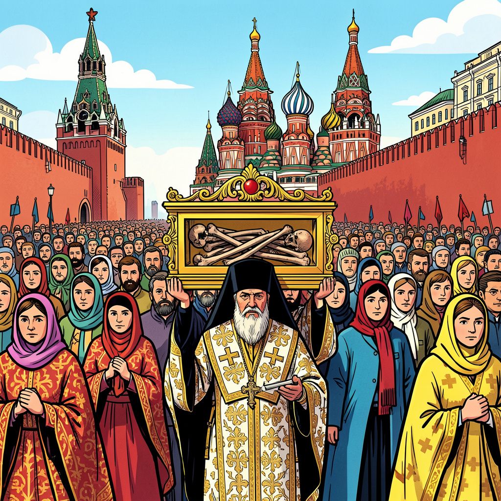 De orthodoxe kerk steunt het Kremlin met een massale optocht door Moskou.