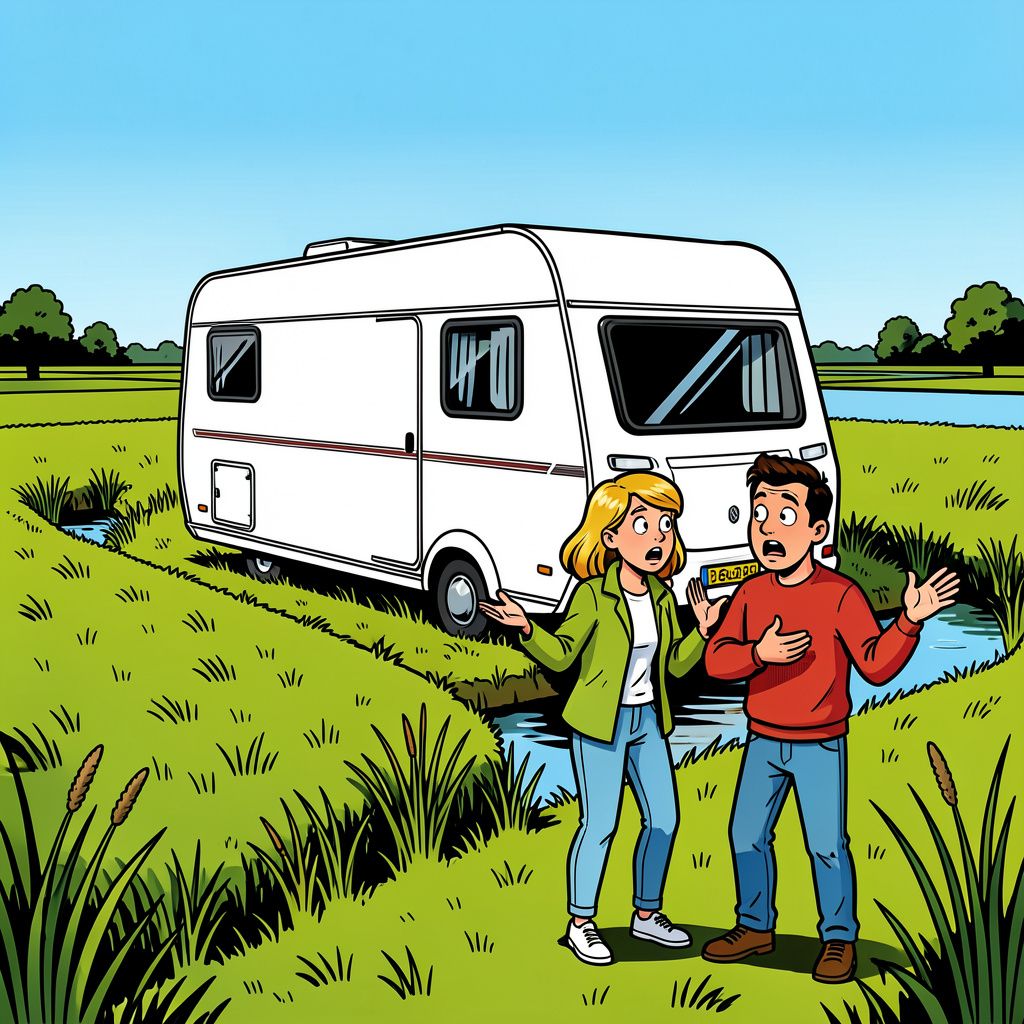Een vergeten breekkabel lanceert een Duitse caravan rechtstreeks de Zeeuwse sloot in.