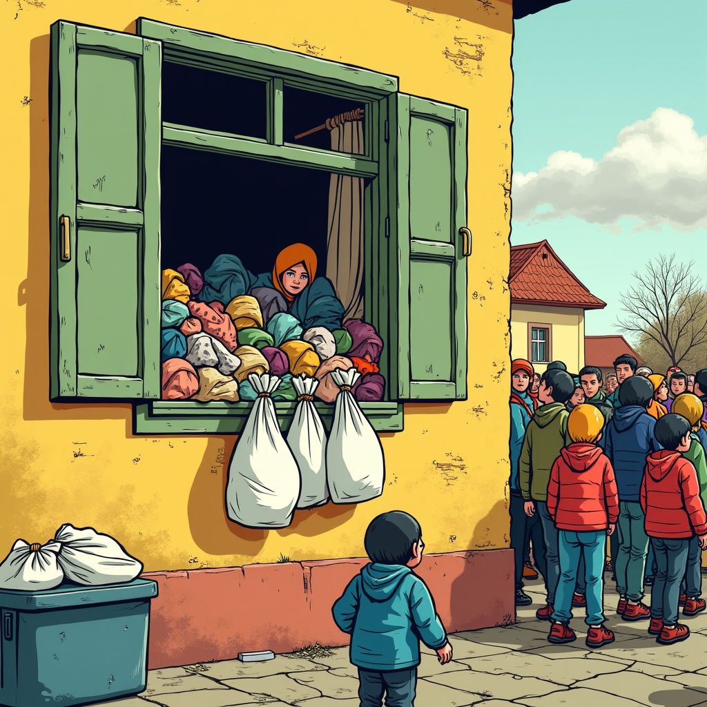 Oekraïense vluchtelingen hangen tassen buiten omdat er geen koelkast is in hun opvang