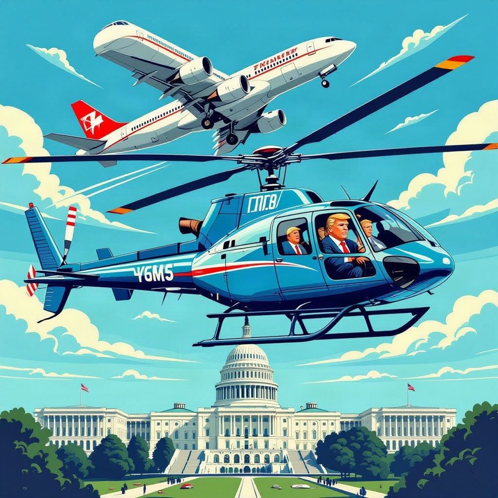 De helikopter van Donald Trump vliegt rakelings langs een passagiersvliegtuig boven Washington.