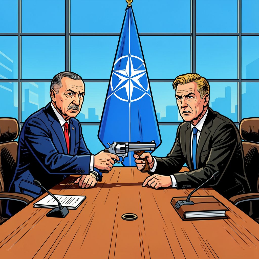 President Erdogan geeft premier Jetten een geladen revolver cadeau op de NAVO-top.