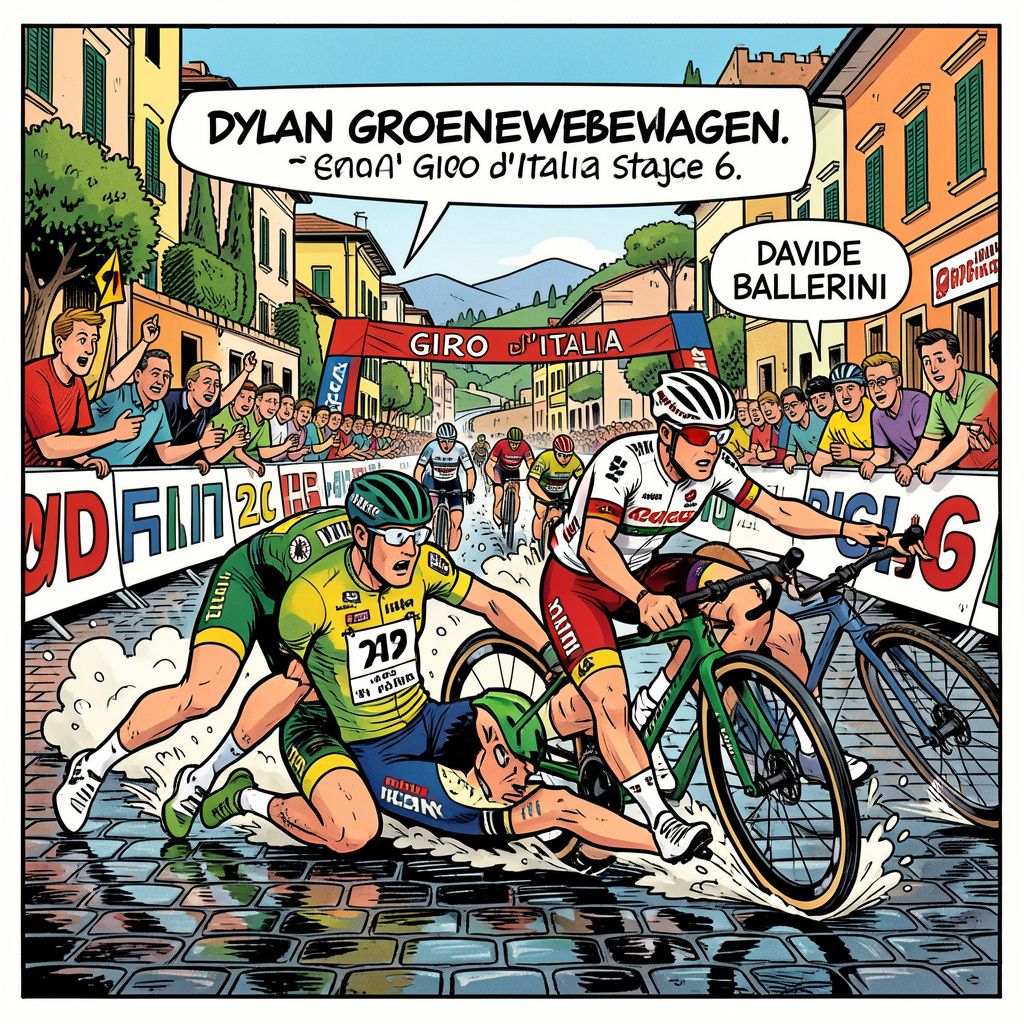 Dylan Groenewegen glijdt onderuit op gladde Napolitaanse klinkers terwijl de zege binnen handbereik lag