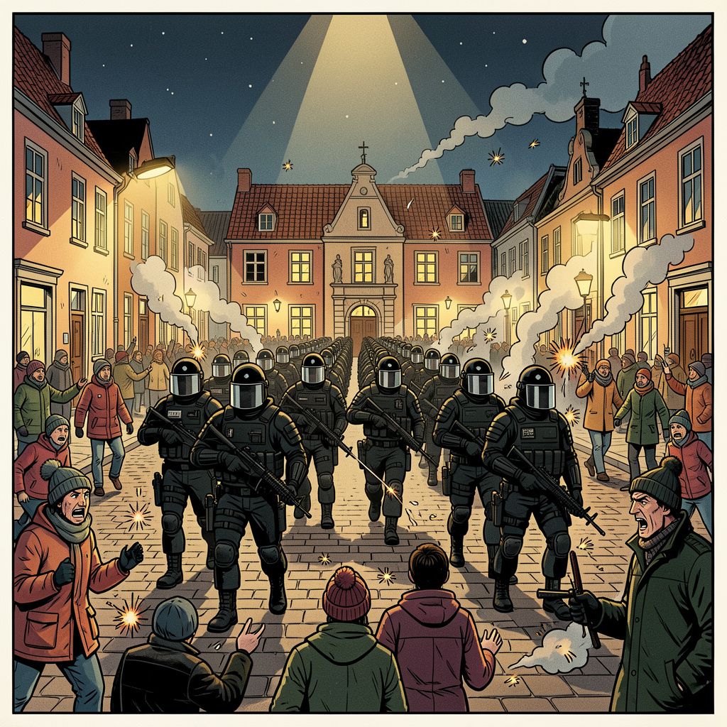 De Mobiele Eenheid veegt het dorpsplein in Kesteren schoon na een grimmig asielprotest met zwaar vuurwerk.