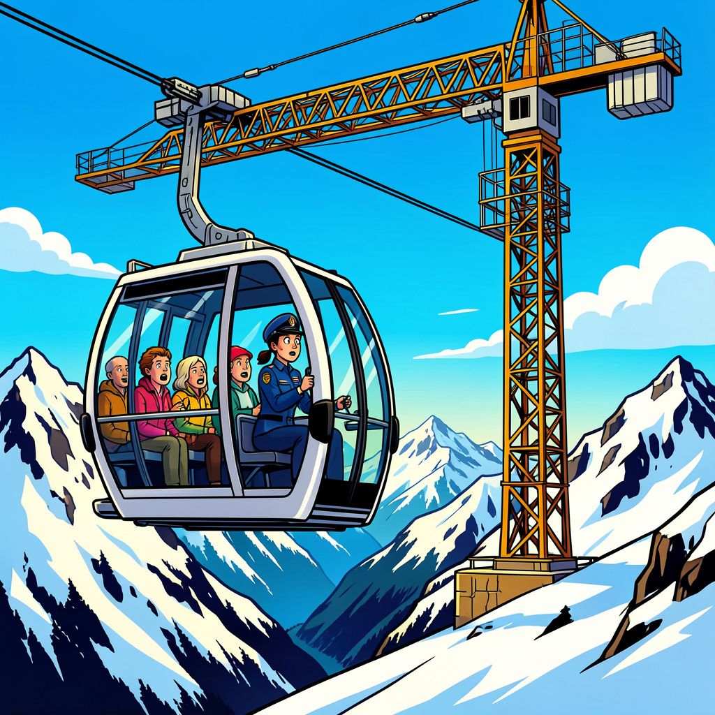 Kabelbaan ramt hijskraan op grote hoogte in Alpe d'Huez.
