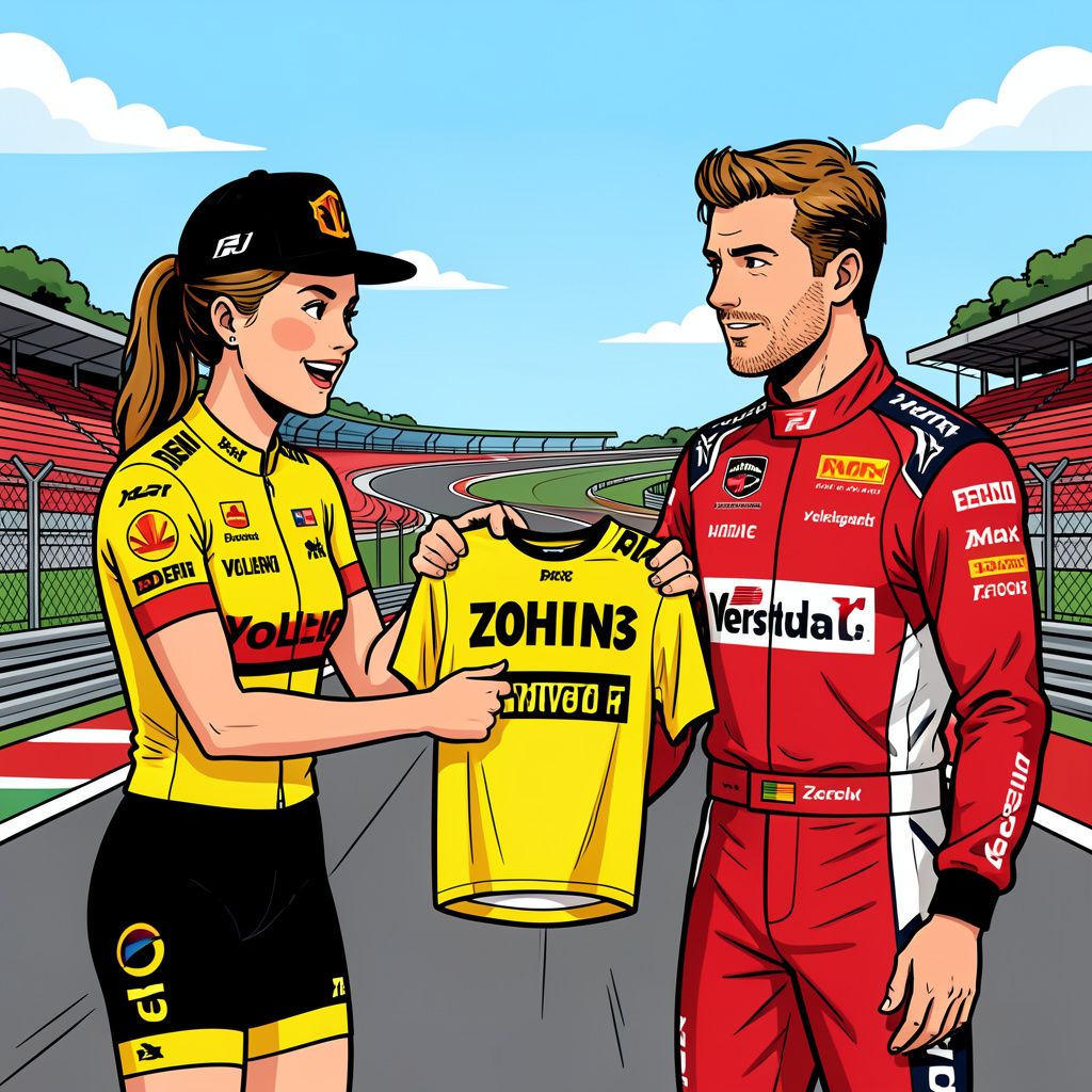 Wielerkampioene Demi Vollering geeft haar gele trui cadeau aan Max Verstappen op het circuit van Zandvoort.