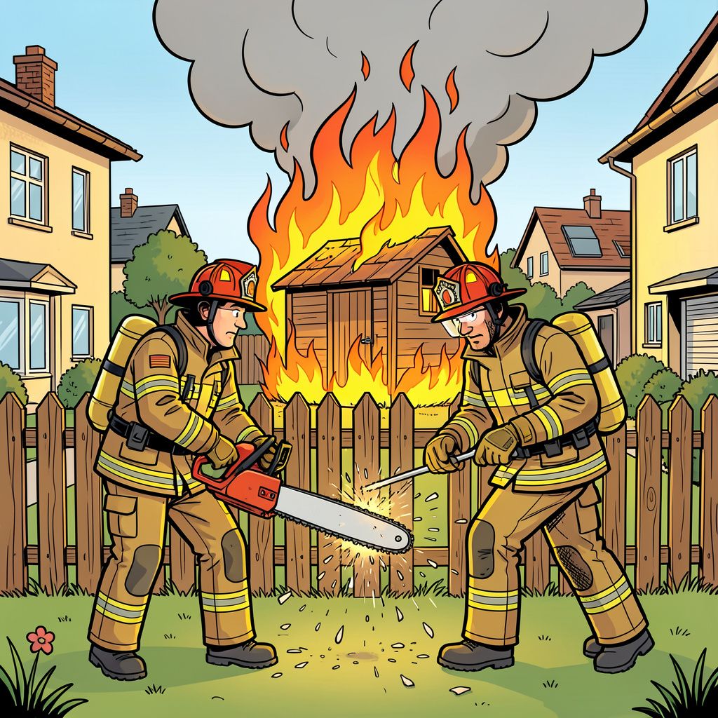 De brandweer zaagt schuttingen weg om een brandende loods in Wierden te blussen.