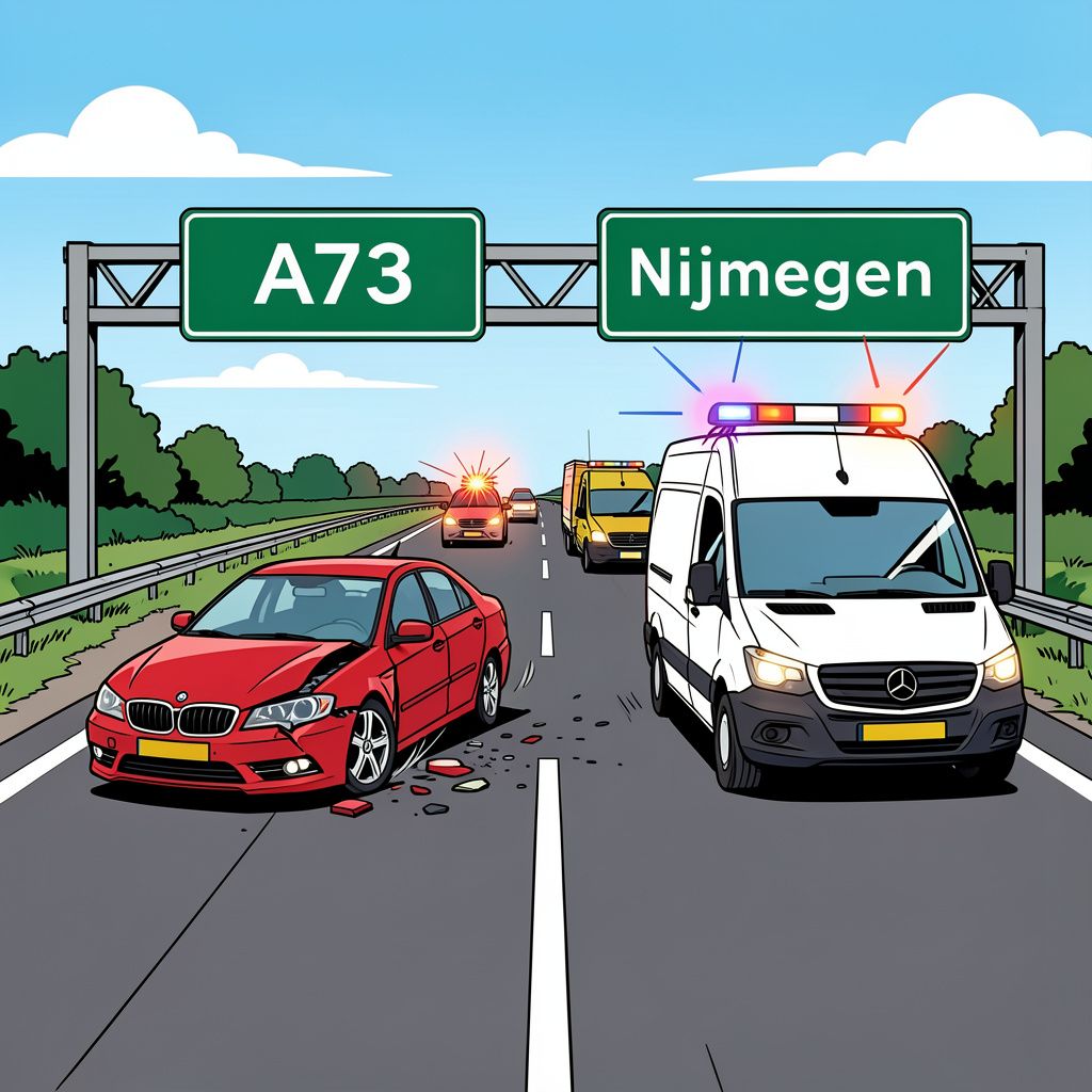Een zware botsing tussen een auto en een bestelbus legt de snelweg A73 richting Nijmegen volledig plat.