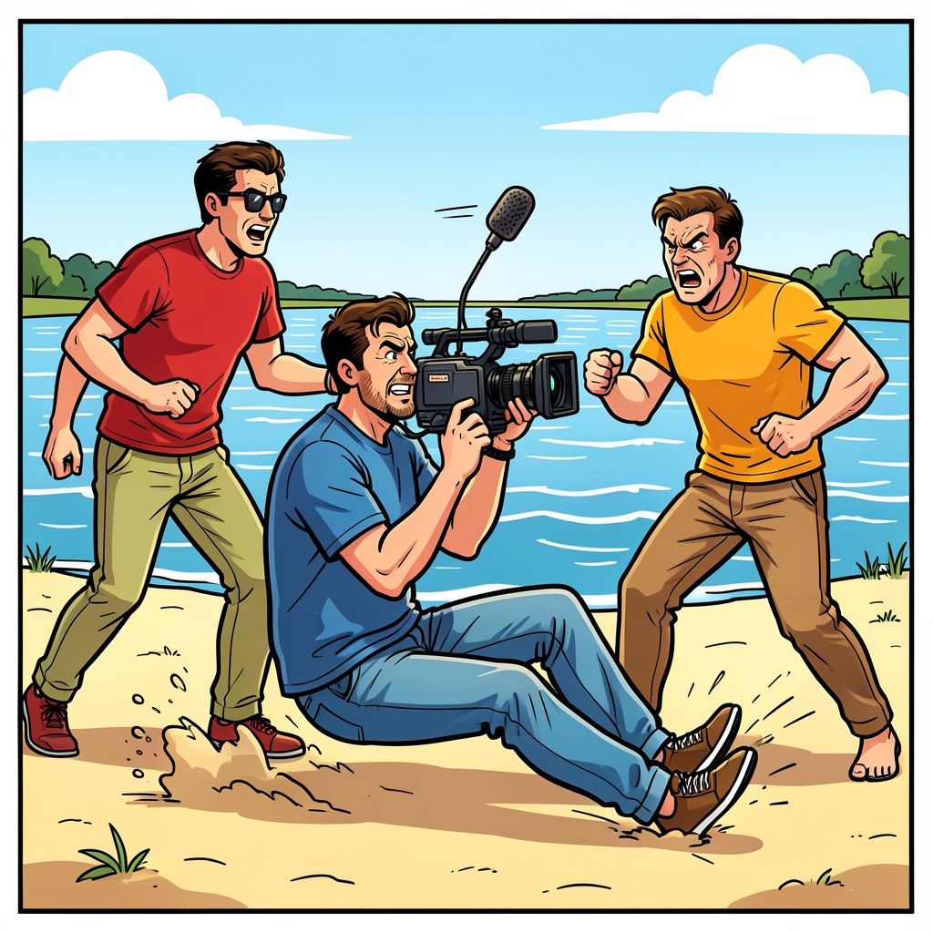Agressieve badgasten slaan een cameraman van PowNews hard tegen de grond.