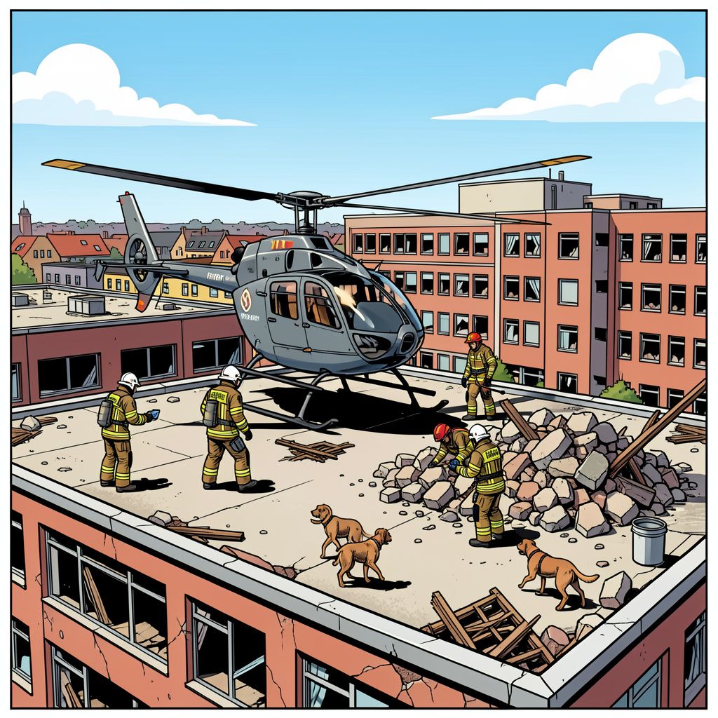 Brandweerlieden zetten een echte helikopter op een Tilburgs dak voor een spectaculaire rampoefening.