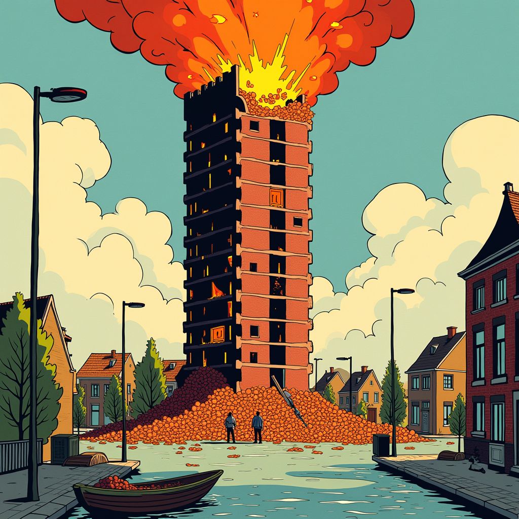 De kerktoren van de Vondelkerk stort volledig in tijdens nieuwjaarsbrand