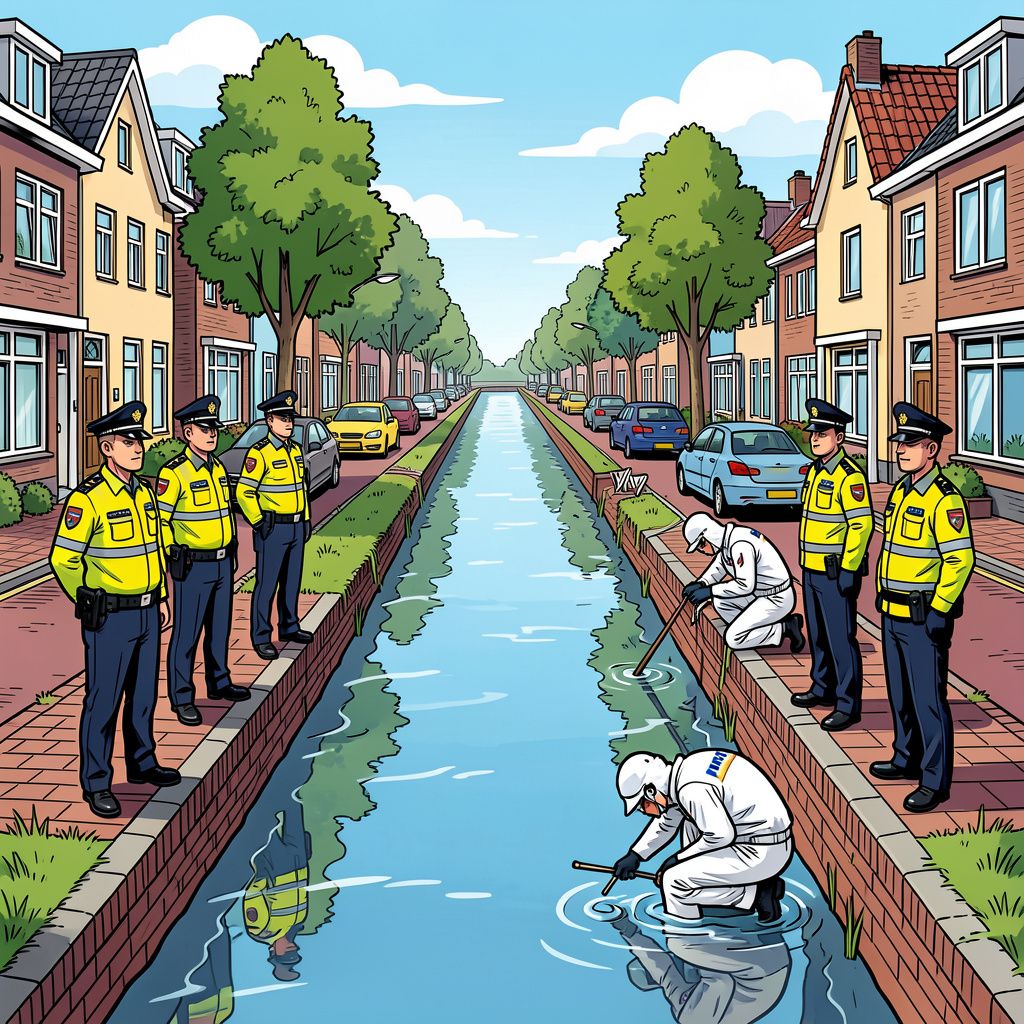 Een grote politiemacht onderzoekt de mysterieuze vondst van een lichaam in een Leeuwarder sloot.