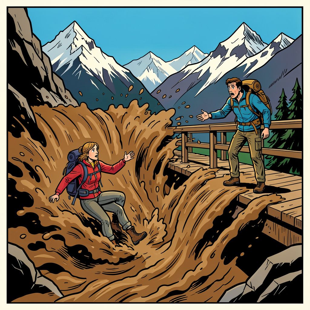 Een plotselinge modderstroom in de Franse Alpen sleurt een wandelaarster voor de ogen van haar man mee.