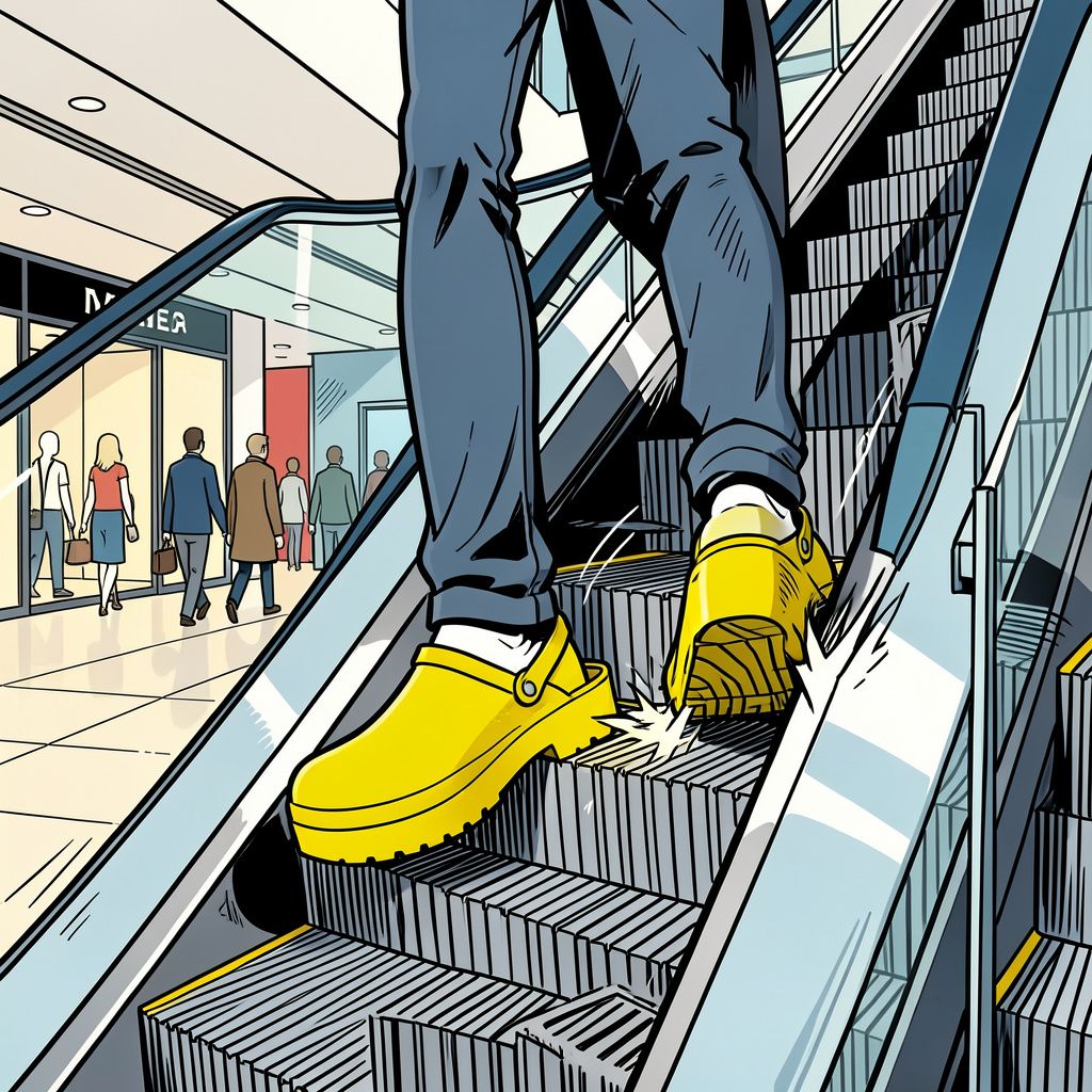 Het Liftinstituut waarschuwt voor levensgevaarlijke Crocs op de roltrap.